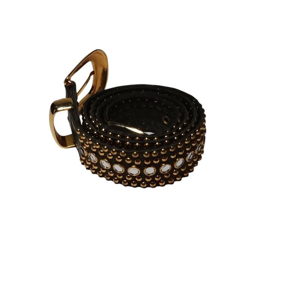 Womens Black Leather Crystal Rhinestone Studded Belt Brass Buckle 28\